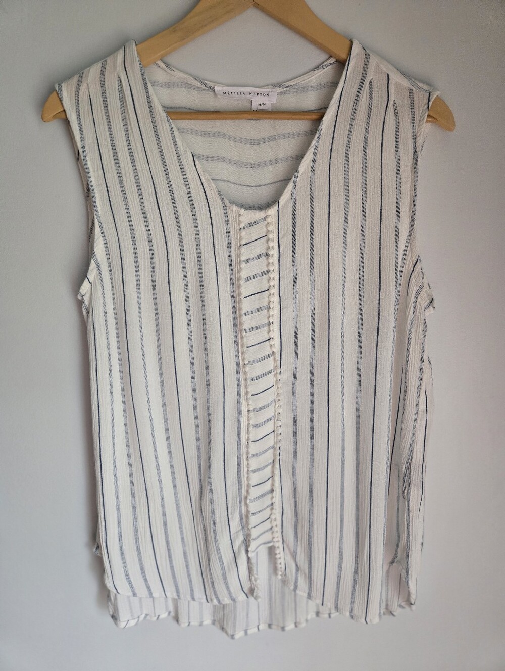 MELISSA NEPTUNE White & Blue Striped Sleeveless Viscose V-Neck Top